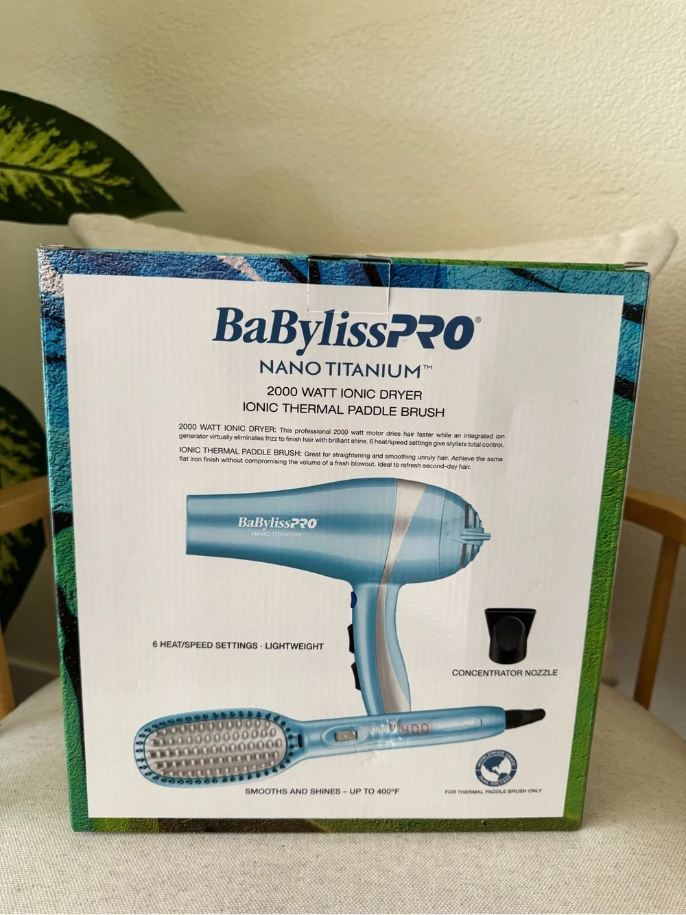 New BaBylissPRO Nano Titanium 2000W Ionic Dryer Thermal Paddle Brush Light Blue